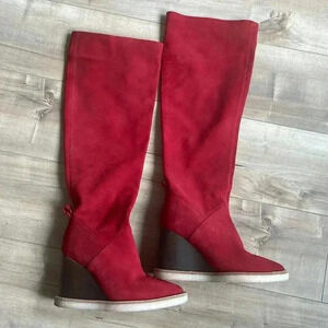 PALOMA BARCELO Serafine Over-the-Knee Red Pointy Suede Wedge Boots Sz 36(5.5)